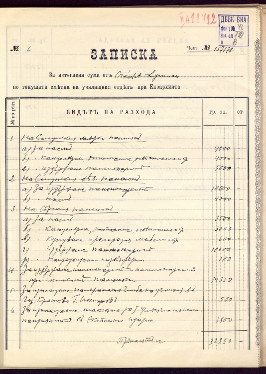 Разписка за отпуснати пари, октомври 1906 г. 